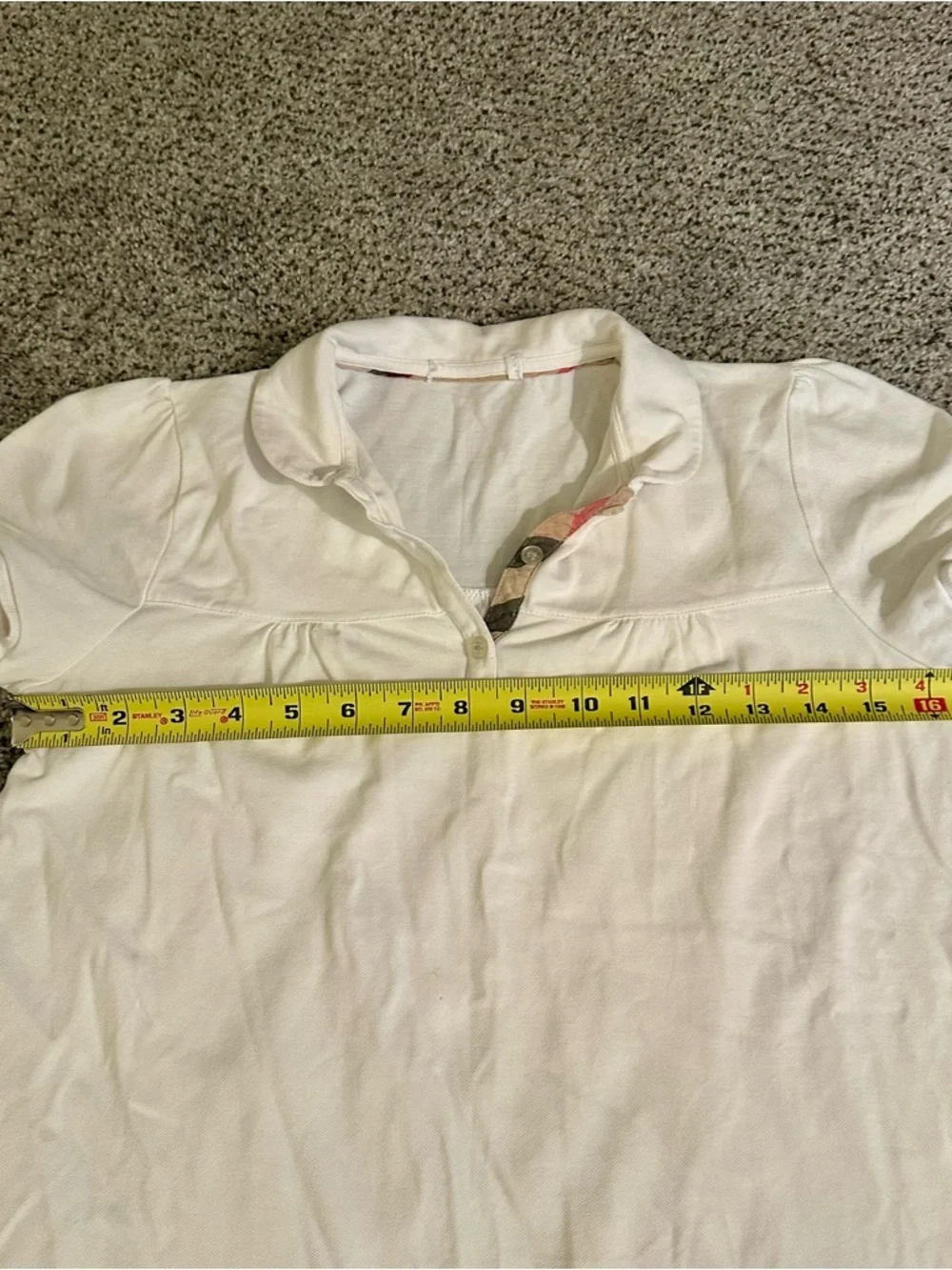 BURBERRY Girls 14 L White Puff Sleeve Polo Shirt Plaid In Collar Pleats R $295